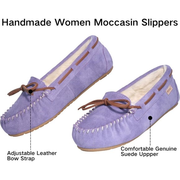 Women's Purple Leather Faux Fur Pile lined lace Up Cozy Bow Warm Slippers Boot - Picture 2 of 5